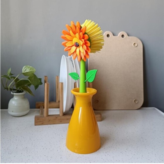 Sikat Bunga Vigar untuk Dapur, Sikat Pencuci Piring Gagang Panjang, Alat Pembersih Piring dan Panci